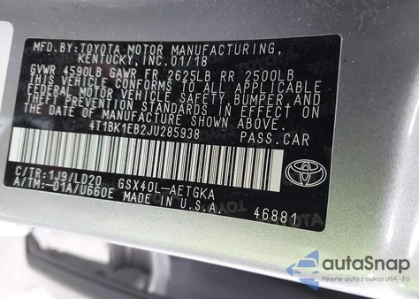 2018 Toyota Avalon Xle z USA, uszkodzony, nr VIN 4T1BK1EB2JU285938